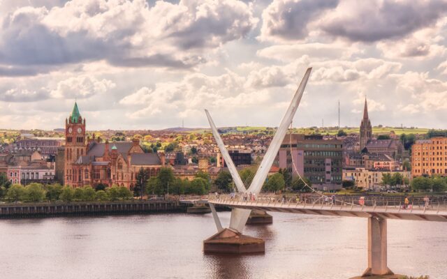 Looking across the River Foyle to the cityside from the waterside, with The Peace Bridge, Londonderry