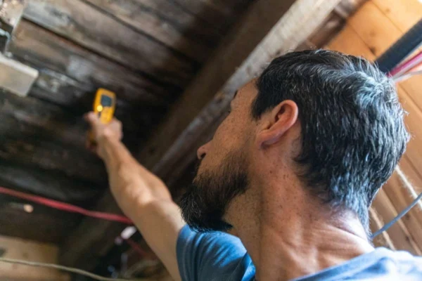 A Person inspecting rotten wood with an damp inspection equipment