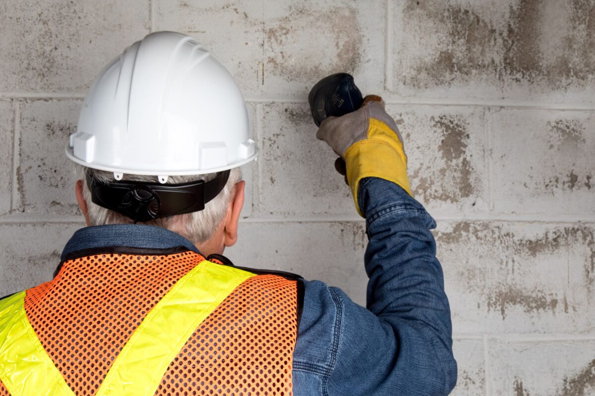 a person examining the exterior wall