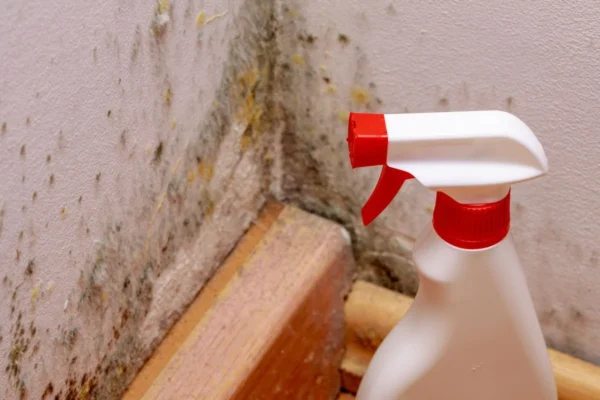 A white cleaning spray bottle with a red nozzle sitting on a wooden baseboard in front of a white wall corner heavily infested with black and yellow mould.