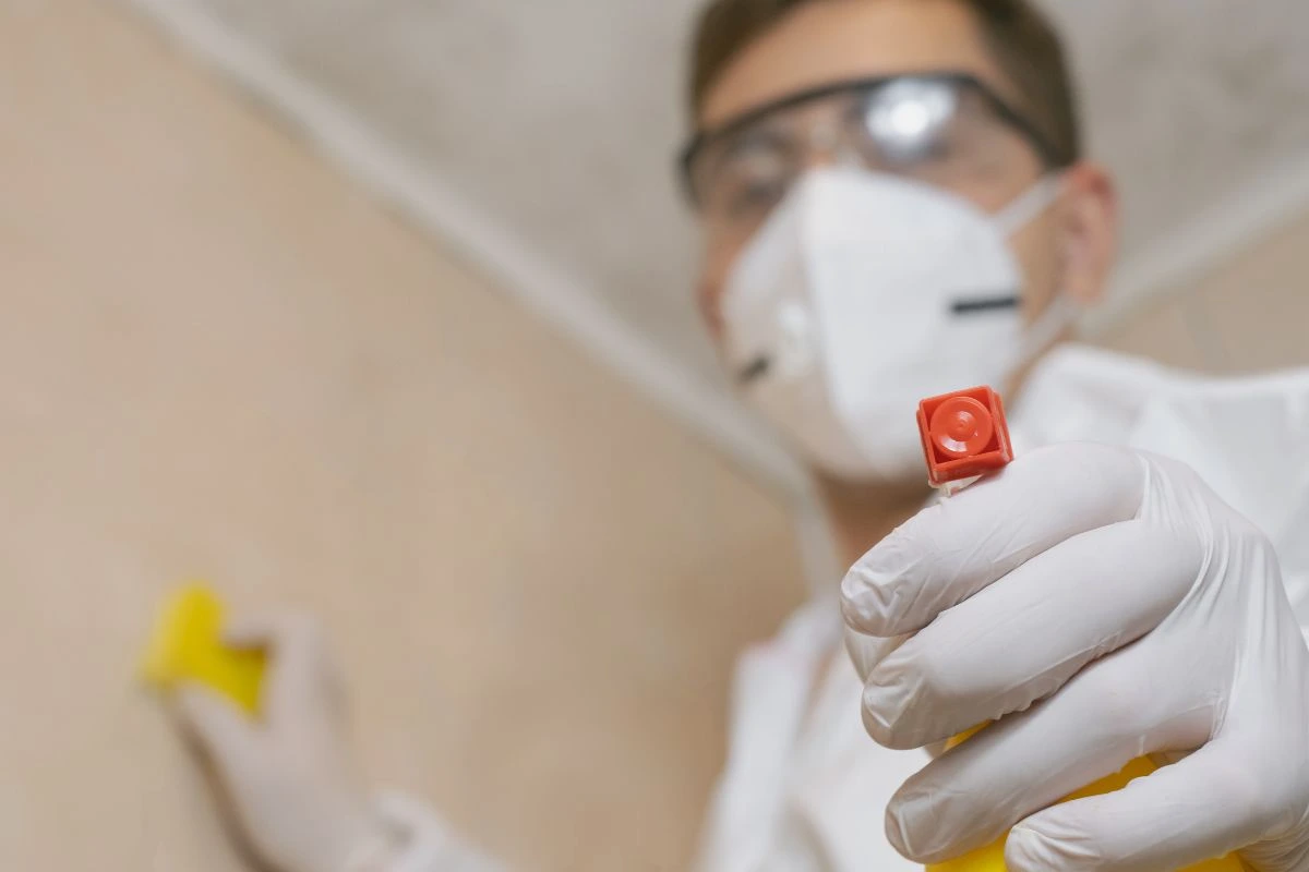 A mould remediation professional wearing a respirator mask, safety goggles, and white protective gloves holding a spray bottle with a red nozzle toward the camera while preparing to clean a wall.